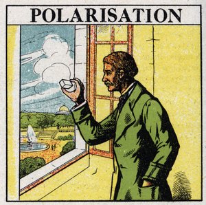 Doppia rifrazione: Etienne Louis Malus osserva attraverso uno spato la luce del sole al tramonto riflessa dalle finestre del Lussemburgo nel 1808. Illustrazione anonima del 1925. Collezione privata da Anonymous Anonymous