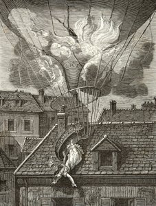 Morte drammatica di Madame Sophie Blanchard (1778-1819), aeronauta il 6 luglio 1819 sopra i giardini di Tivoli a Parigi, Incisione, Collezione privata