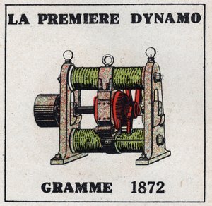 Dynamo: la prima dinamo inventata da Zenobe Theophile Gram (1826-1901) nel 1872. Illustrazione anonima del 1925. Collezione privata.