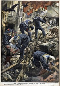 Terremoto in Sicilia, Calabria 1909 - Il disastro di Sicilia e Calabria (Terremoto) - I marinai del Mediterraneo cercano vittime tra le rovine di Messina - "Le Petit Journal" di gennaio 1909