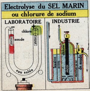 Elettrochimica: elettrolisi del sale marino o cloruro di sodio. Illustrazione anonima del 1925. Collezione privata. da Anonymous Anonymous
