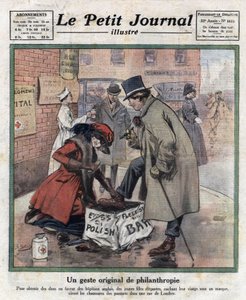 Giovani ragazze eleganti, il loro volto nascosto dietro una maschera, lucidano le scarpe dei passanti londinesi per raccogliere fondi per gli ospedali inglesi. Illustrazione tratta da "Le petit journal illustré" del 06/11/1921. Collezione privata da Anonymous Anonymous