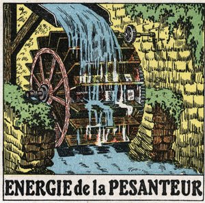Energia di gravità: ruota di un mulino ad acqua. Illustrazione anonima del 1925. Collezione privata da Anonymous Anonymous