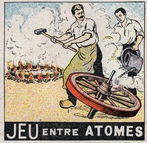 Etere (materiale): gioco tra atomi. Carrai che fanno una ruota. Illustrazione anonima del 1925. Collezione privata