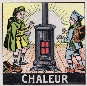 Etere (materiale): due bambini riscaldati dal calore di una stufa. Illustrazione anonima del 1925. Collezione privata. da Anonymous Anonymous