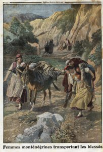 Prima Guerra Mondiale 1914-1918: donne del Montenegro che trasportano uomini feriti in guerra sulle spalle di muli o sulle proprie spalle. Incisione in 