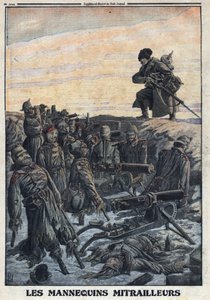 Prima Guerra Mondiale 1914-1918. Soldati tedeschi usano manichini nelle trincee con mitragliatrici per ingannare il nemico russo. In "Le Petite Journal", il 06/02/1916. Collezione privata