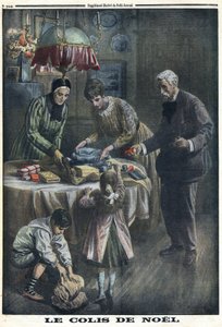 Prima Guerra Mondiale 1914-1918. Regalo di Natale: i bambini ricevono e scartano i pacchi ricevuti dal loro padre sul campo di battaglia alla vigilia di Natale. In 