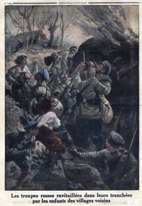 Prima Guerra Mondiale 1914-1918. Le truppe militari russe rifornite nelle loro trincee dai bambini dei villaggi vicini. In 