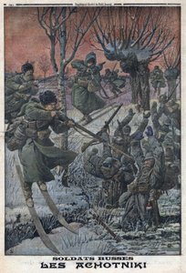 Prima Guerra Mondiale 1914-1918. Soldati russi Ahotniki sugli sci sparano ai soldati tedeschi. In 