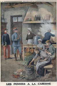 Prima Guerra Mondiale 1914-1918. Donne che preparano cibo nelle cucine delle baracche. Tre chef nella corvée delle patate, pelano le patate. In 