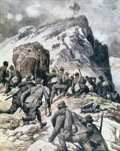 Prima Guerra Mondiale: cacciatori alpini italiani che scalano la cima del Cauriol, Alpi italiane. Illustrazione da 