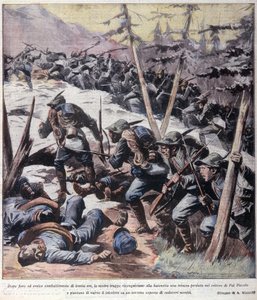 Prima Guerra Mondiale: cacciatori alpini italiani riconquistano il Pal Piccolo, Alpi italiane, 1916. Illustrazione da 
