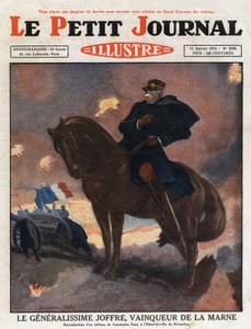 Prima guerra mondiale: ritratto del generale Joseph Joffre (1852-1931) a cavallo, rappresentato come vincitore sul campo di battaglia della Marna (settembre 1914) - illustrazione da un dipinto di Constantine Font. Incisione da 