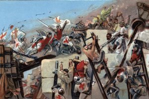 Prima crociata (1096-1099): la cattura di Gerusalemme da parte dei crociati guidati da Goffredo di Buglione (1061-1100) il 15 luglio 1099. Cromolitografia pubblicitaria dei cioccolati Antoine a Bruxelles, inizio del XX secolo. Collezione privata da Anonymous Anonymous