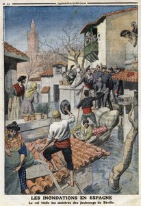 Inondazioni in Spagna: il re Alfonso XIII (1886-1941) visita i sobborghi sinistrati di Siviglia. Incisione in "Le Petit Journal", il 25/02/1912. Collezione privata