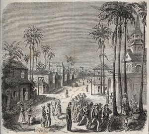Forzati al lavoro al penitenziario Saint-Laurent a Cayenne (Guyana Francese) nel XIX secolo. Incisione in "Histoire des bagnes depuis leur création à nos jours" (1877) di Pierre Zaccone (1817-1895) (Colonia Penale)