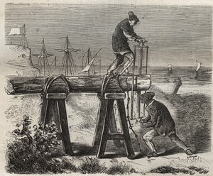 Forzati segantini del penitenziario Saint-Laurent a Cayenna (Guyana francese) nel XIX secolo. Incisione in “Histoire des bagnes depuis leur création à nos jours” (1877) di Pierre Zaccone. Collezione privata. da Anonymous Anonymous