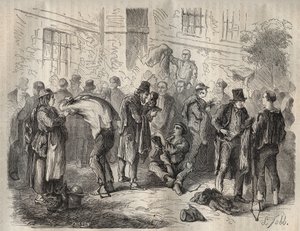 Forzati che vendono i loro beni prima di entrare nel Bagne di Tolone nel XIX secolo. Incisione in "Histoire des bagnes depuis leur création à nos jours" (1877) di Pierre Zaccone (1817-1895). Collezione privata da Anonymous Anonymous