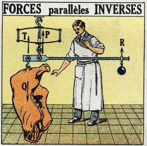 Forze: forze parallele inverse. Un macellaio che pesa una carcassa di carne con una bilancia romana. Illustrazione anonima del 1925. Collezione privata.
