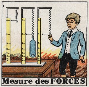 Forze: uso di molle chiamate dinamometri per misurare le forze. Illustrazione anonima del 1925. Collezione privata. da Anonymous Anonymous