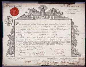 Rivoluzione francese: documento ufficiale di congedo militare datato 5 Prairial anno IV (24/05/1796) di un tenente della brigata del distretto di Cambrai. Archivi dipartimentali del Nord Lille