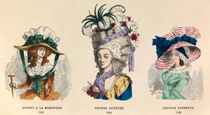Da sinistra a destra: Cappello alla marinara nel 1787; Grande acconciatura nel 1785 e cappello Bonnette nel 1786 da Anonymous Anonymous