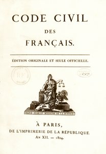 Frontespizio di una delle dodici edizioni originali del “Codice civile dei francesi” promulgato da Napoleone Bonaparte il 21/03/1804. Codice civile francese. B.N. Parigi