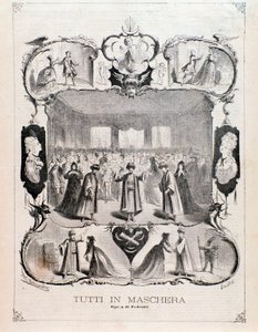 Frontespizio della partitura musicale di Tutti in maschera, opera di Carlo Pedrotti