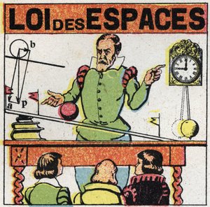Granulosità: legge degli spazi. Galileo Galilei (1564-1642) osserva il movimento di una palla su un piano inclinato per studiare la caduta dei corpi. Illustrazione anonima del 1925. Collezione privata da Anonymous Anonymous