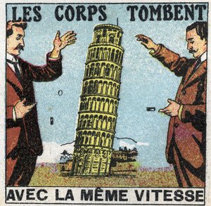 Gravità: i corpi cadono alla stessa velocità. Uso della Torre di Pisa per illustrare le leggi della caduta dei corpi. Illustrazione anonima del 1925. Collezione privata. da Anonymous Anonymous