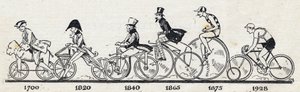 Storia della bicicletta: diversi modelli di biciclette dal 1700 al 1928. Incisione in "Le petit journal illustre"