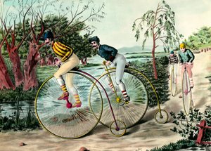 Storia della bicicletta: corsa di grand bi (grand bi). Incisione del XX secolo. Collezione privata
