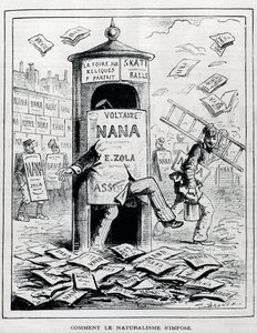 Come si impone il naturalismo: disegno satirico sul romanzo naturalista del libro "Nana" di Emile Zola. Incisione del XIX secolo. Collezione privata. da Anonymous Anonymous