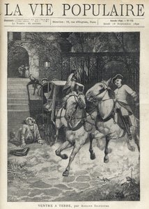 Davanti alla scalinata di un piccolo castello, un giovane cavaliere arriva nel cortile a tutta velocità, spronando il suo cavallo e spaventando i cavalli della carrozza parcheggiata vicino al cancello, un uomo grande con una parrucca protestata si stende a da Anonymous Anonymous