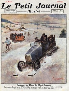 Innovazione sulle auto in montagna, vengono posizionate delle tracce sulle ruote per evitare derapate. Illustrazione tratta da "Le petit journal" del 27/02/1921. Collezione privata da Anonymous Anonymous
