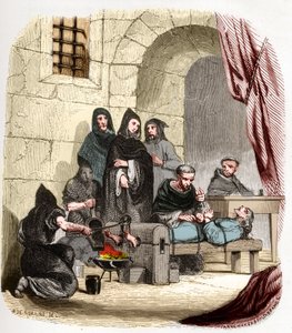 Inquisizione in Spagna nel XV secolo: Maria di Borgogna (1457-1482), accusata di essere ebrea, è torturata da (san) Pietro di Arbues (1441/1442-1485), inquisitore spagnolo: le brucia i piedi. Illustrazione in 