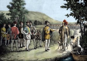 Jacques Cartier, il suo primo incontro con gli indiani a Hochelaga ora Montreal nel 1535