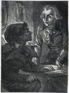 Jean-Paul Marat (1743-1793) con Maximilien Robespierre (1758-1794). Incisione del 1866 in “Histoire de la Revolution francaise” di Adolphe Thiers. Collezione privata.