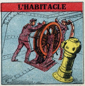 Magnetismo terrestre: due marinai manovrano il timone di una nave guardando la cabina di pilotaggio, una scatola di rame in cui si trova una bussola. Illustrazione anonima del 1925. Collezione privata.
