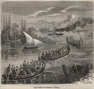 Il bagno di Tolone - una catena che scende il Rodano - Incisione in “Histoire des bagnes depuis leur création à nos jours” (1877) di Pierre Zaccone (1817-1895) (Colonia Penale) da Anonymous Anonymous