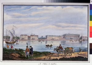 Il palazzo di marmo e il lungoneva a San Pietroburgo. Litografia anonima, colorata ad acquerello, 22 x 32 cm da Anonymous Anonymous