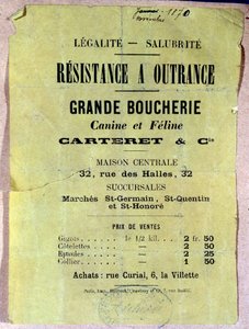 Legalità - Sanità. Resistenza a oltranza. Grande macellaio canino e felino... Poster che mostra il prezzo della carne di cane e gatto per gli abitanti di Parigi durante l