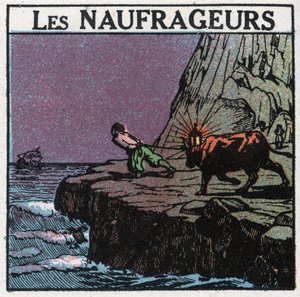 Segnali luminosi: i naufragi. Un uomo appende una lanterna tra le corna di una mucca e cammina lungo la costa per far credere alle barche di essere ancora lontane dalle rocce e provocare così il loro affondamento per recuperare il relitto. Illustrazione an da Anonymous Anonymous