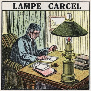 Fonti di luce: lampada Carcel, inventata da Guillaume Carcel (1750-1812) e utilizzante olio vegetale. Illustrazione anonima del 1925. Collezione privata. da Anonymous Anonymous