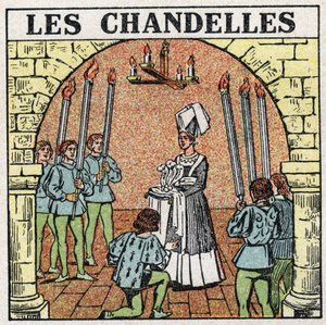 Fonti di luce: candele usate nel Medioevo. Illustrazione anonima del 1925. Collezione privata da Anonymous Anonymous