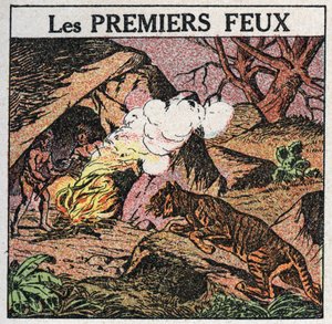Fonti di luce: i primi fuochi degli uomini preistorici. Illustrazione anonima del 1925. Collezione privata.