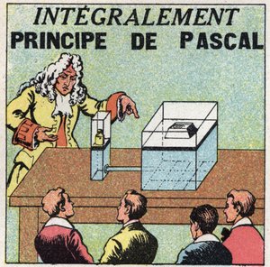 Bilancia liquida: principio di Blaise Pascal (1623-1662). Illustrazione anonima del 1925. Collezione privata.