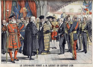Londra, Gran Bretagna. Sir Marcus Samuel presenta al Presidente Emile Loubet una scatola d