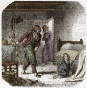 Luigi XVII (1785-1795) al Tempio, con il suo carceriere il calzolaio Antoine Simon - Incisione in "Histoire des Girondins" di Alphonse de Lamartine (1790-1869) 1865-1866 - Collezione privata